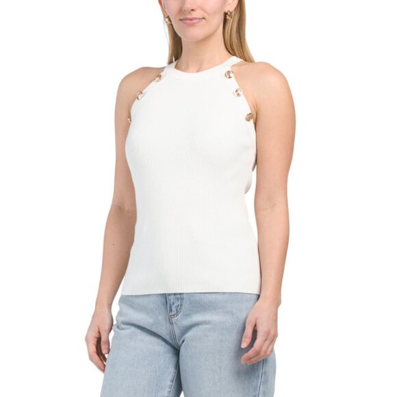 ELIE TAHARI Sky White Halter Neck Ribbed Pull Over Top With Button Details - Picture 1 of 2